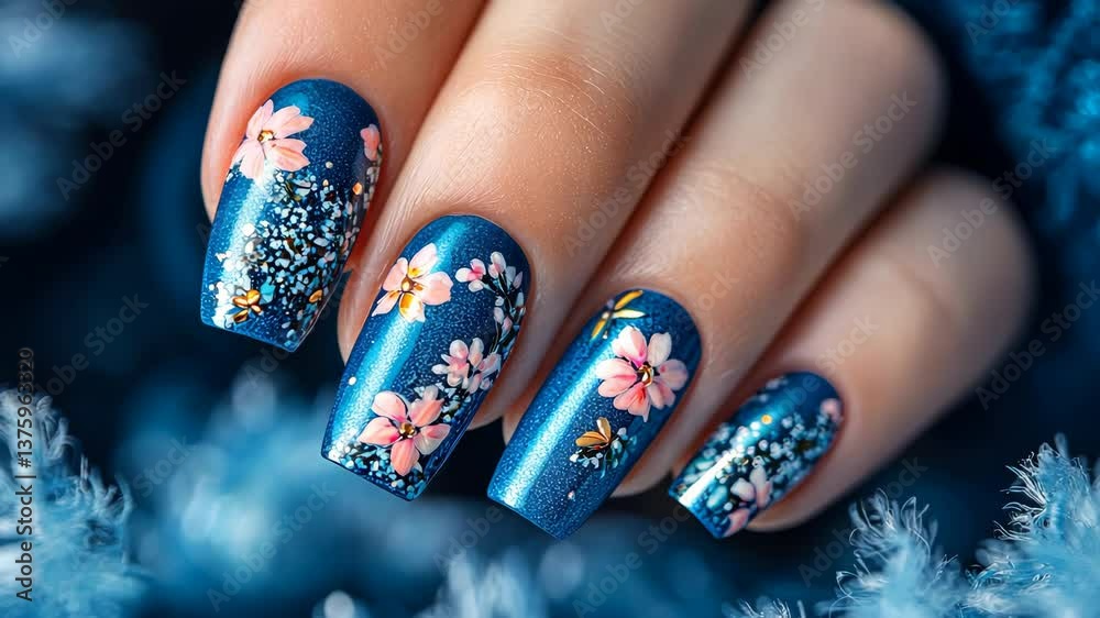 Beautiful blue nail art with floral design featuring detailed craftsmanship and vibrant colors that enhance any look for special occasions or everyday style