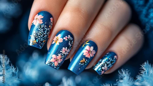 Beautiful blue nail art with floral design featuring detailed craftsmanship and vibrant colors that enhance any look for special occasions or everyday style