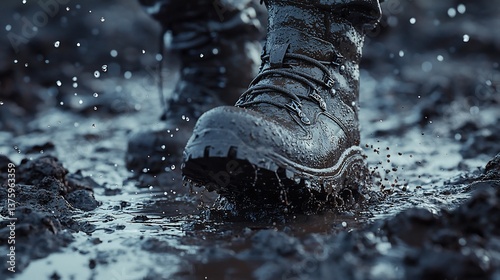 Heavy-duty boots navigating muddy terrain, highlighting durability and outdoor adventure