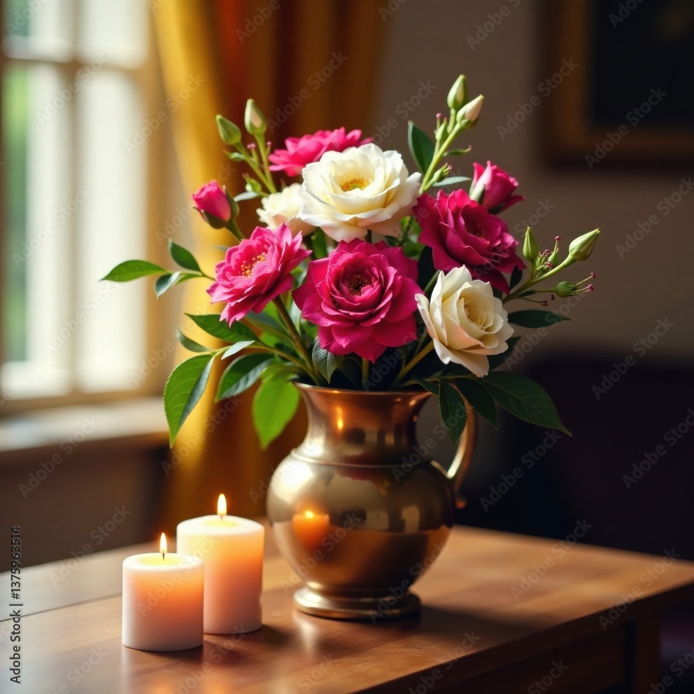 Beautiful flowers in a elegant vase with candles, interior design, candles, beautiful flowers Beautiful flowers in a elegant vase with candles, interior design, candles, beautiful flowers
