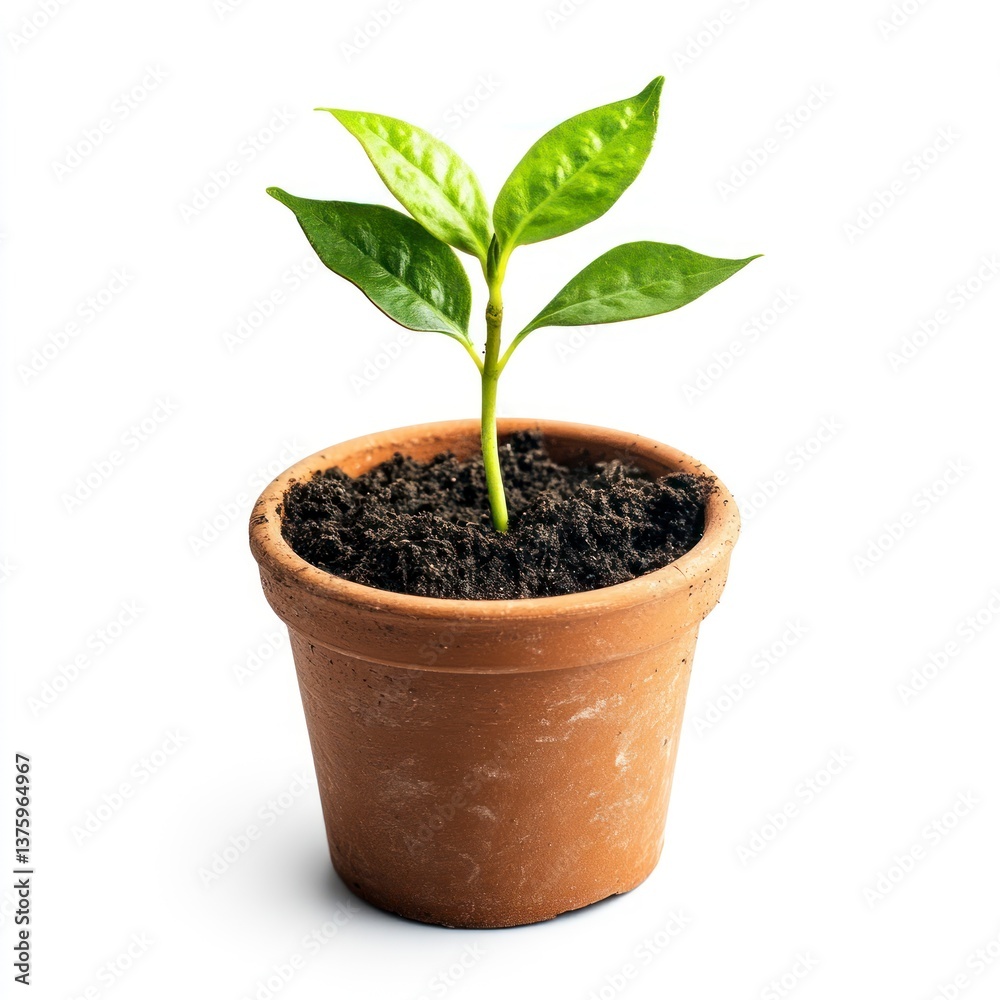Green Seedling Growing in Terracotta Pot Isolated on White Background Green Seedling Growing in Terracotta Pot Isolated on White Background