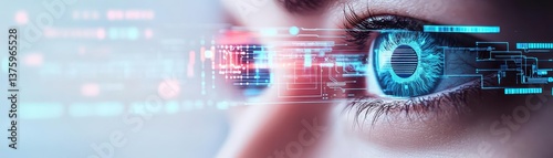 Close-up of a woman's eye with a futuristic digital interface hovering above illustrating advanced technology concepts