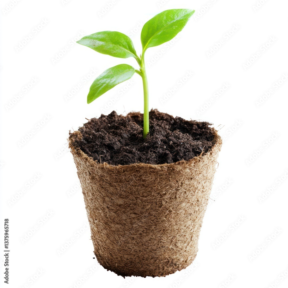 Small Plant Growing in Biodegradable Pot with Soil on White Background Small Plant Growing in Biodegradable Pot with Soil on White Background