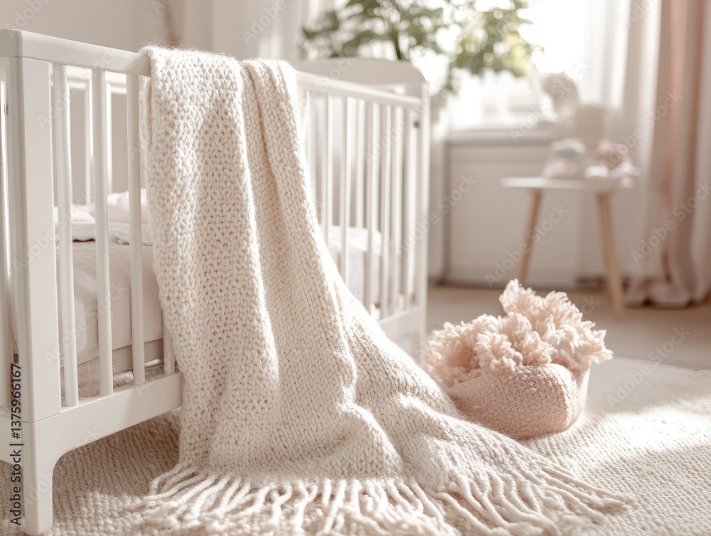 Warm beige knitted blanket draped over a bright nursery crib with soft sunlight