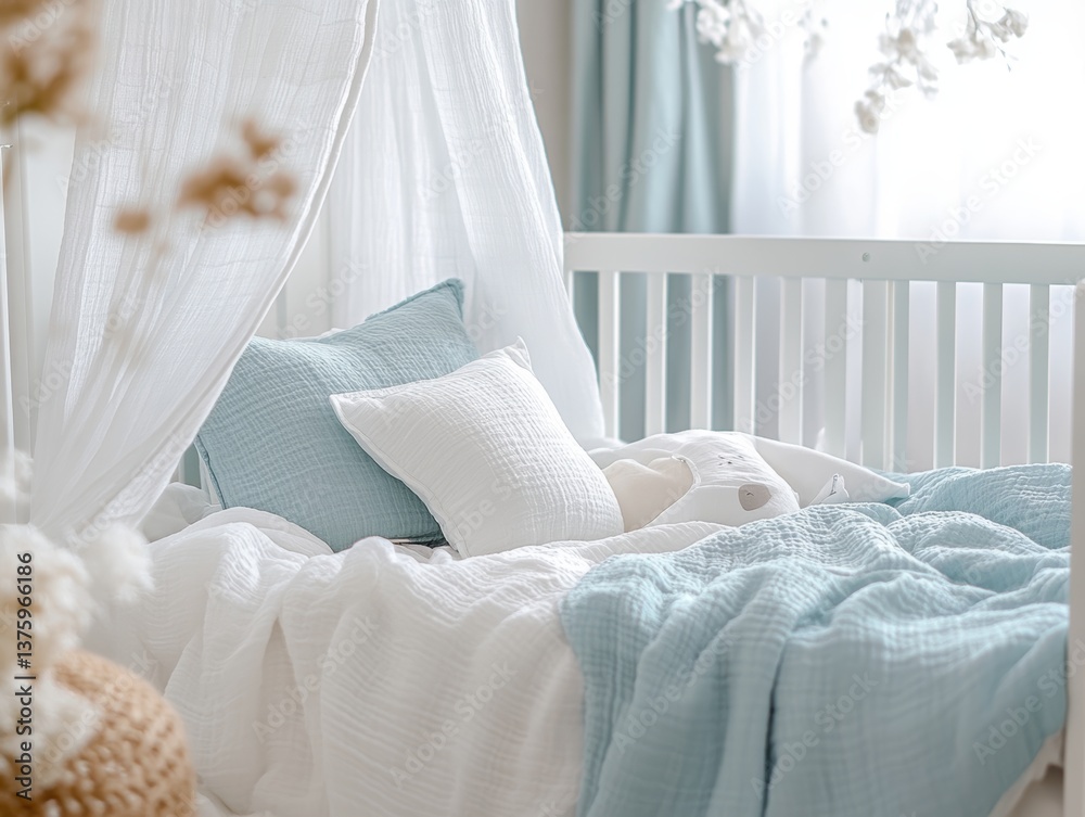 Soft pastel crib with sky blue and white cushions for dreamy baby room inspiration