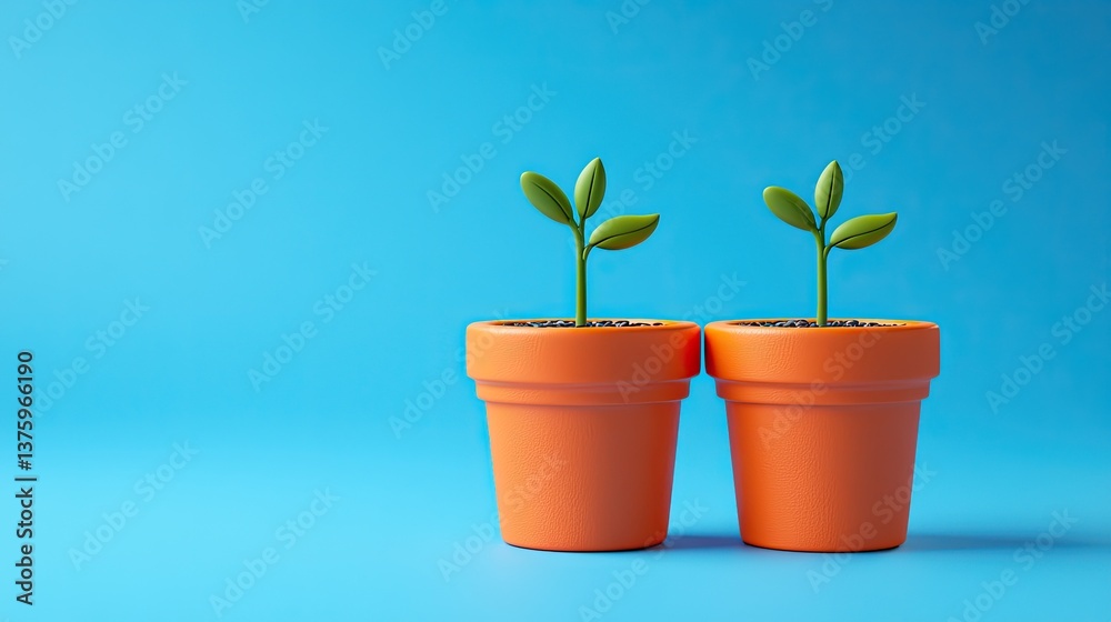 Fototapeta premium Two seedlings grow in orange pots on a blue background; growth, nature, new beginnings; website banner