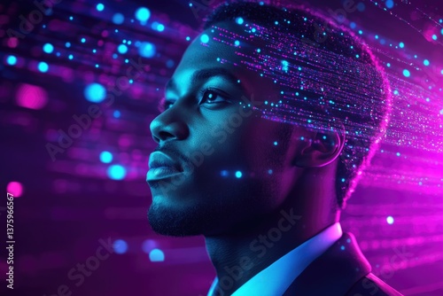 A man's profile illuminated by vibrant neon lights, symbolizing digital transformation and connectivity.