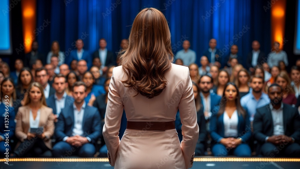 Inspiring woman speaker captivating audience at business event Inspiring woman speaker captivating audience at business event