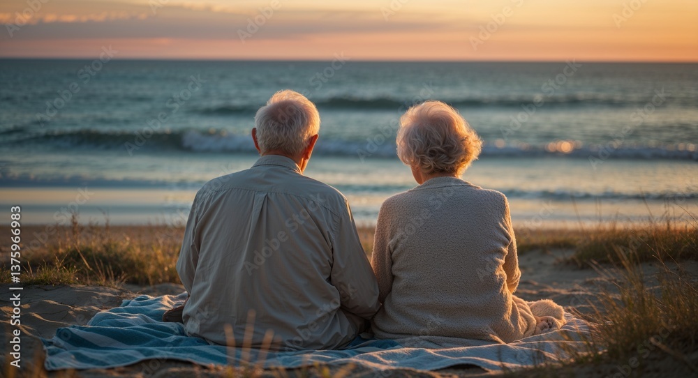 Fototapeta premium Elderly couple sitting on beach blanket with ocean view at sunset