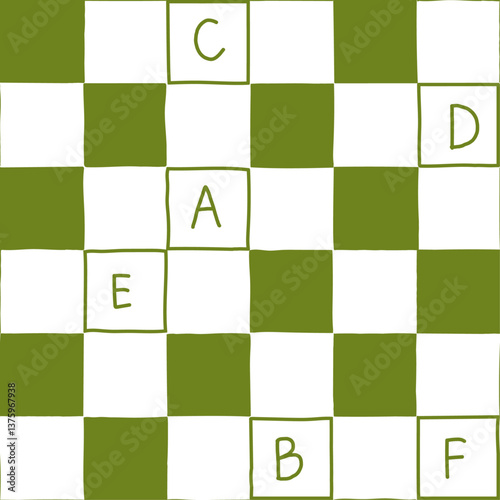Seamless vector repeating pattern with hand drawn checkerboard and letters in green. Versatile everyday, background in dill green for packaging, fabric, wallpaper, wrapping	