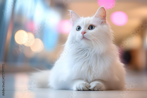 A fluffy white cat with striking blue eyes gazes softly in a brightly lit environment, embodying curiosity and charm.
