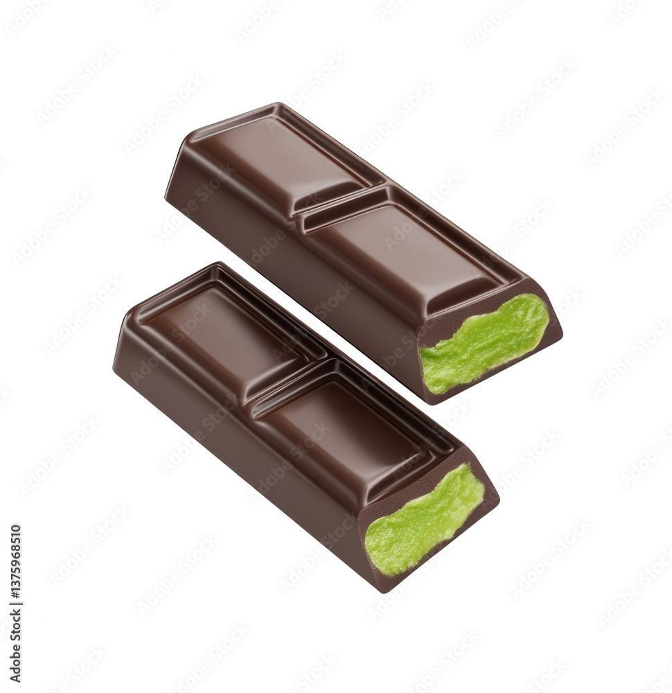 pieces of chocolate with green tea filling, floating in the air, isolated on a white background, png pieces of chocolate with green tea filling, floating in the air, isolated on a white background, png