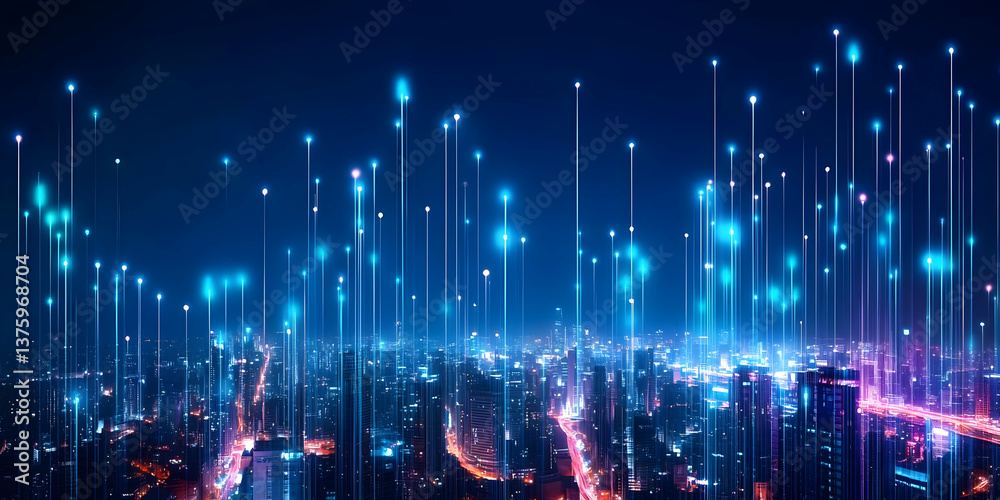 Obraz premium A futuristic city skyline illuminated by vibrant lights, showcasing a digital landscape of connectivity and innovation.