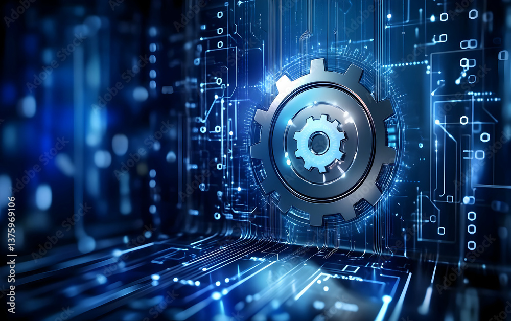 Obraz premium A futuristic gear symbolizing technology and innovation amidst a digital backdrop, representing advancements in automation and machinery.