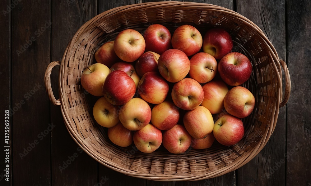 Basket full of vibrant apples on a rustic wooden surface creating an autumnal vibe Basket full of vibrant apples on a rustic wooden surface creating an autumnal vibe
