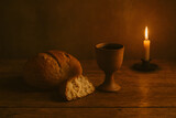 Bread and Wine with Candle on Wooden Table – Symbolic Representation of the Last Supper, Holy Communion, and Christian Faith in a Sacred, Spiritual and Religious Atmosphere, holy week, semana santa