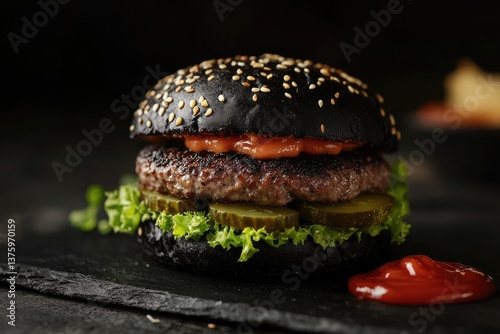 Gourmet black bun burger with toppings photo