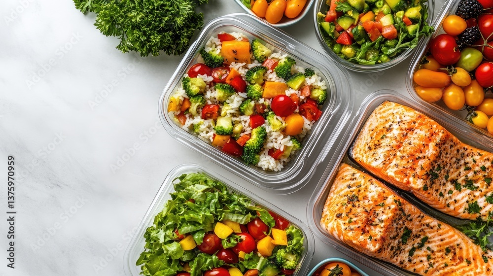 Four meal-pod containers display vibrant ingredients including chicken, salmon, rice, and fresh vegetables arranged for meal prep Four meal-pod containers display vibrant ingredients including chicken, salmon, rice, and fresh vegetables arranged for meal prep