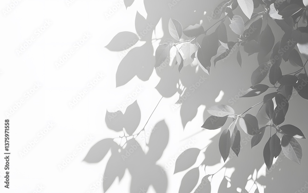 Fototapeta premium Monochrome Leaf Shadows on White Wall Minimalist Background