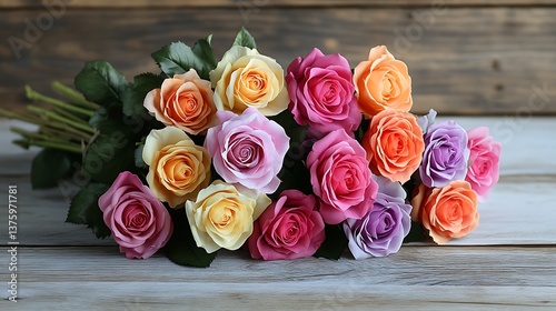 Vibrant Multi-Colored Roses with Soft Gradients Wrapped in Silky Ribbon on Vintage Wooden Table

 photo