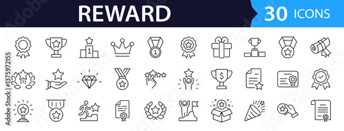 Reward set of web icons in line style. A collection of linear icons representing various reward concepts, including gift, trophy, recognition, reward program, medal, bonus, and more. Editable stroke.