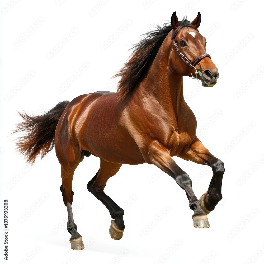 Obraz premium A brown horse with black mane and tail galloping on a white background in a dynamic pose with bridle on