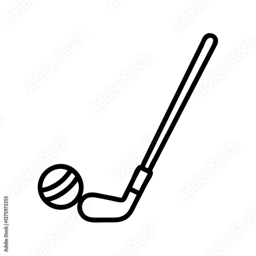 Golf club and ball icon in black outline style, sports equipment design concept