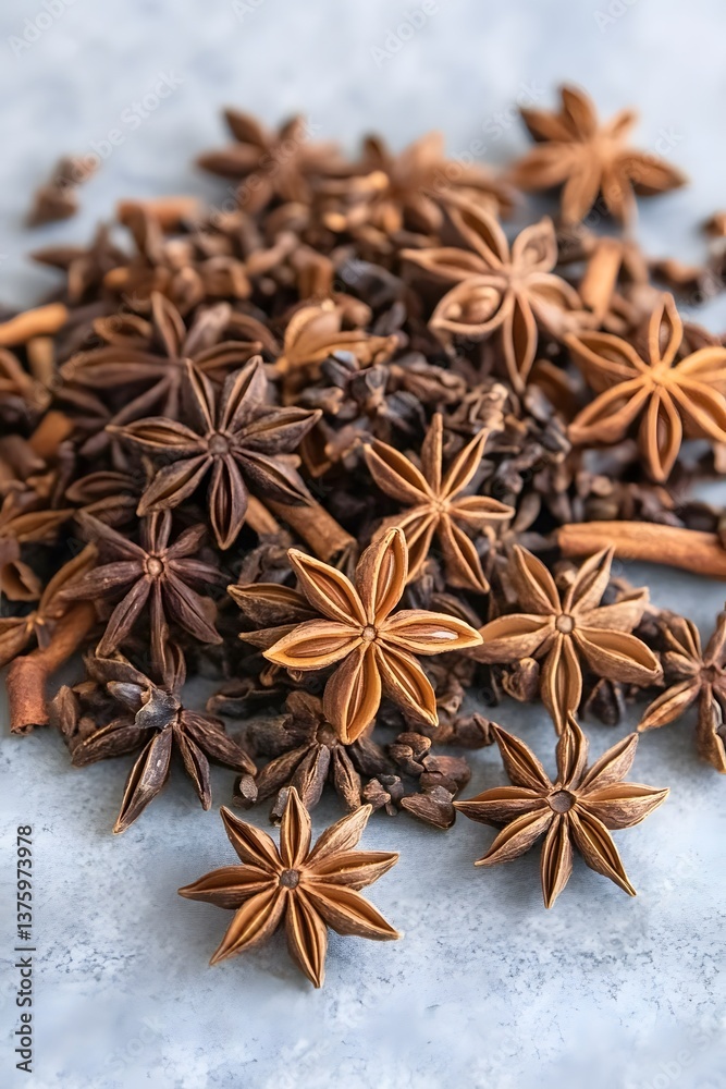 Closeup Aromatic Star Anise and Spices Pile Closeup Aromatic Star Anise and Spices Pile