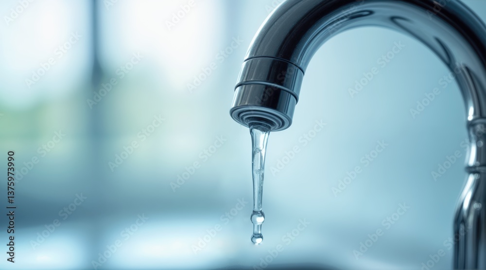 Stainless steel faucet with water droplet hanging from spout, polished chrome finish, fine aerator filter, soft-focus background with bokeh, clean and modern kitchen or bathroom concept. Stainless steel faucet with water droplet hanging from spout, polished chrome finish, fine aerator filter, soft-focus background with bokeh, clean and modern kitchen or bathroom concept.