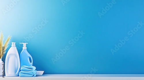 A clean and bright laundry room features fresh towels, detergent bottles, and a subtle blue background creating a peaceful and inviting atmosphere perfect for a relaxing laundry