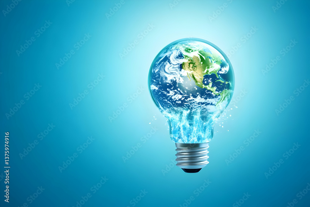 A light bulb filled with water and a miniature Earth symbolizes innovative sustainability and eco-friendly ideas for the future. A light bulb filled with water and a miniature Earth symbolizes innovative sustainability and eco-friendly ideas for the future.