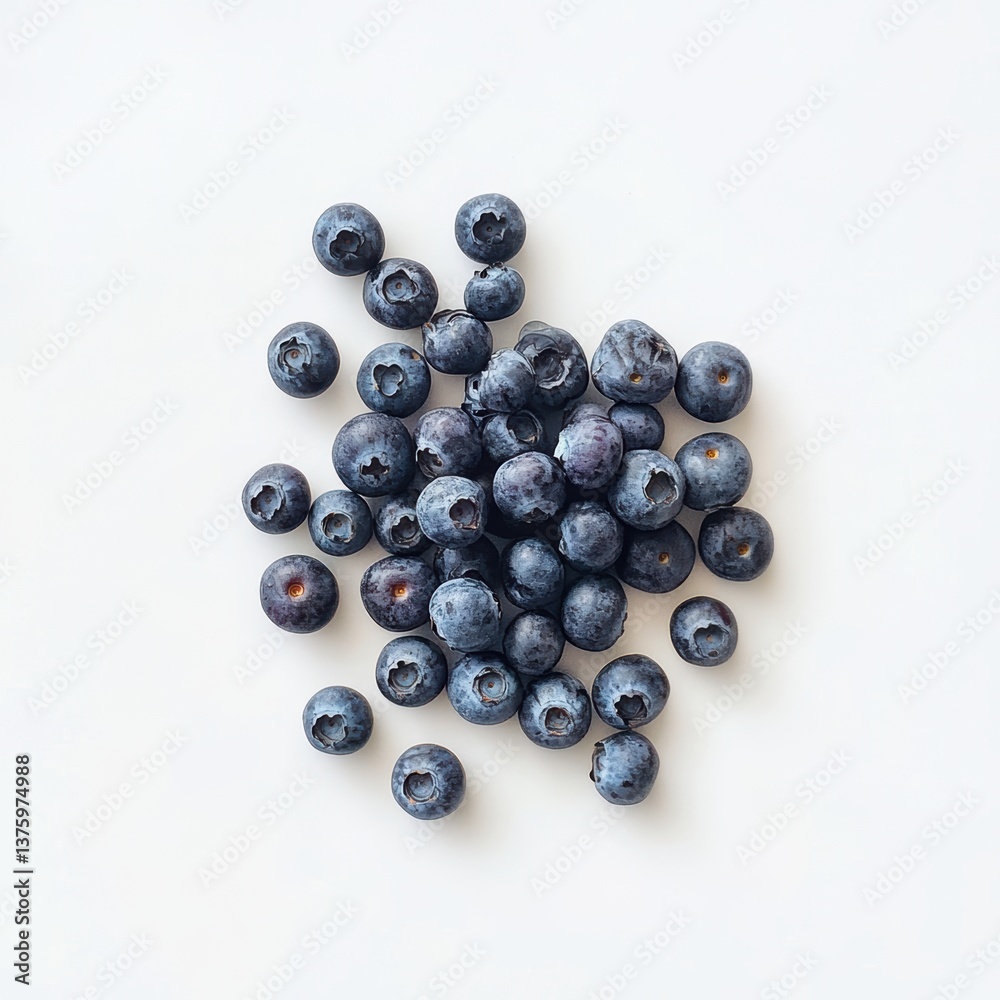 A top down view of a cluster of blueberries scattered on a plain white surface in a studio shot A top down view of a cluster of blueberries scattered on a plain white surface in a studio shot