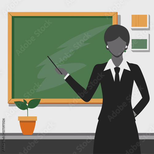  Female teacher pointing at the chalkboard in minimalist vector art style
