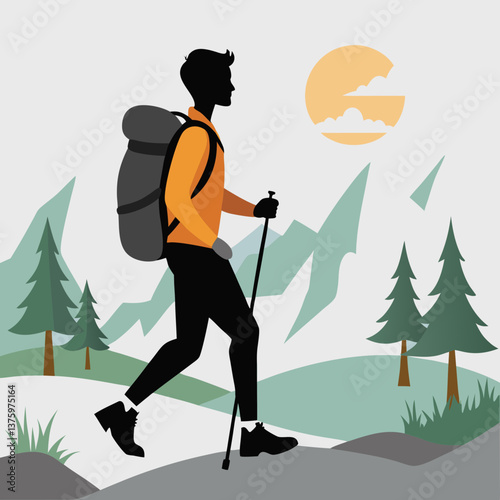 Male hiker trekking through mountainous terrain with nature backdrop in a minimalist illustration