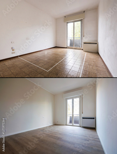 Empty bedroom renovation showing before and after refurbishment
