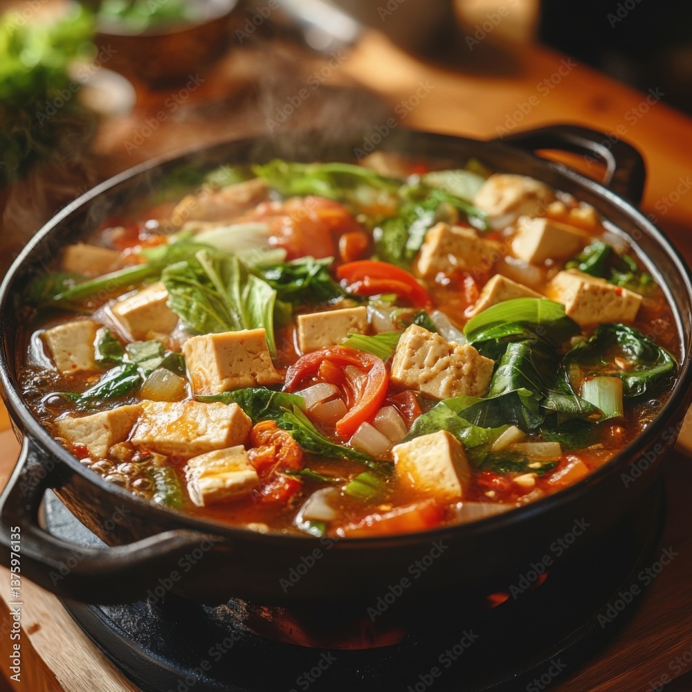 Fresh Vegetable Hot Pot with Tofu and Colorful Ingredients Fresh Vegetable Hot Pot with Tofu and Colorful Ingredients