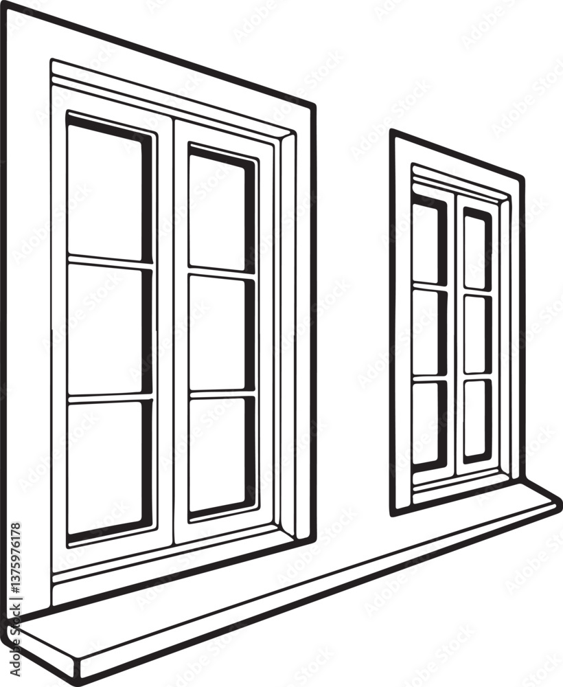 A vector illustration showing a set of open wooden windows and doors for home interior design A vector illustration showing a set of open wooden windows and doors for home interior design