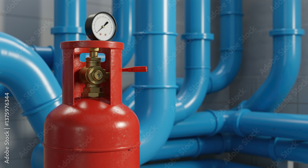 Fototapeta premium Red fire extinguisher with pressure gauge on blue pipes in industrial setting. Safety equipment, brass valve and measurement device in utility room. Fire protection system. Building safety, emergency