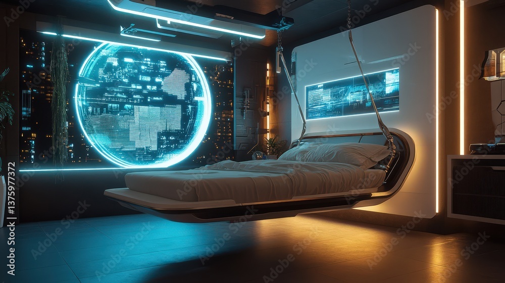 Obraz premium Futuristic bedroom interior featuring a floating bed and a large display