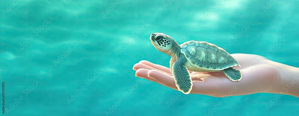 Obraz premium World Turtle Day human hand helping baby turtle, World Turtle Day save marine life campaign, World Turtle Day ocean conservation awareness, Human hand helping baby turtle ,