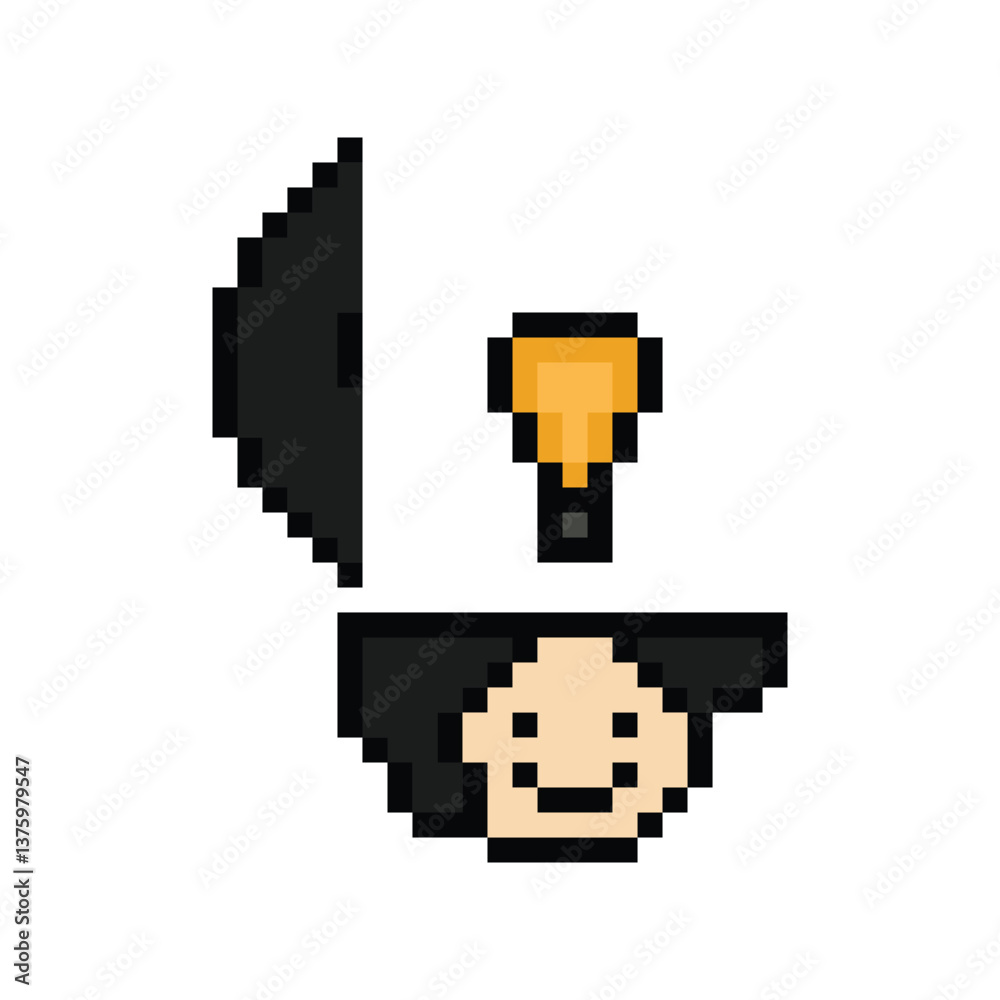 Fototapeta premium Cartoon cute character man face with light bulb idea creative think decoration pixel 8 bit male boy idea imagination cartoon pixel game png vector.