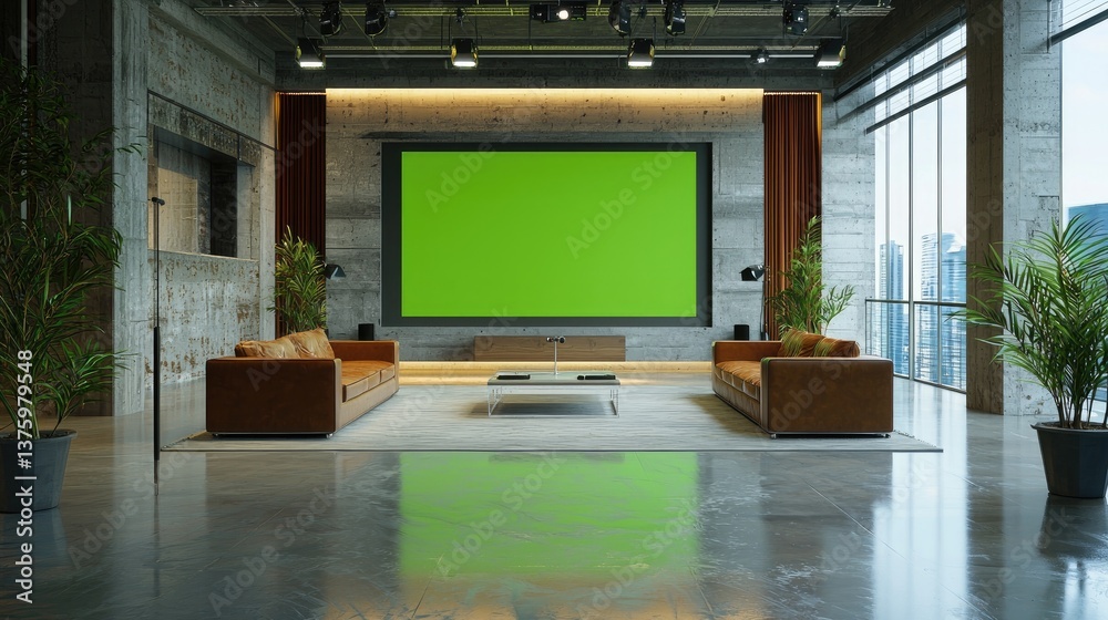 Digital TV studio set design with green screen, innovative video production Digital TV studio set design with green screen, innovative video production