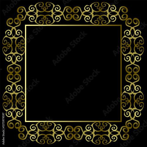 Beautiful figured rectangular frame in gold color on a black background