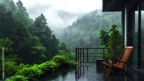 Serene Rainy Landscape from a Cozy Balcony Overlooking Mountains