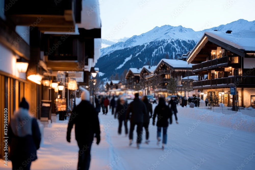 Obraz premium A serene winter scene captures people strolling through a charming village, surrounded by snowy mountains and illuminated buildings, evoking a peaceful and cozy atmosphere.