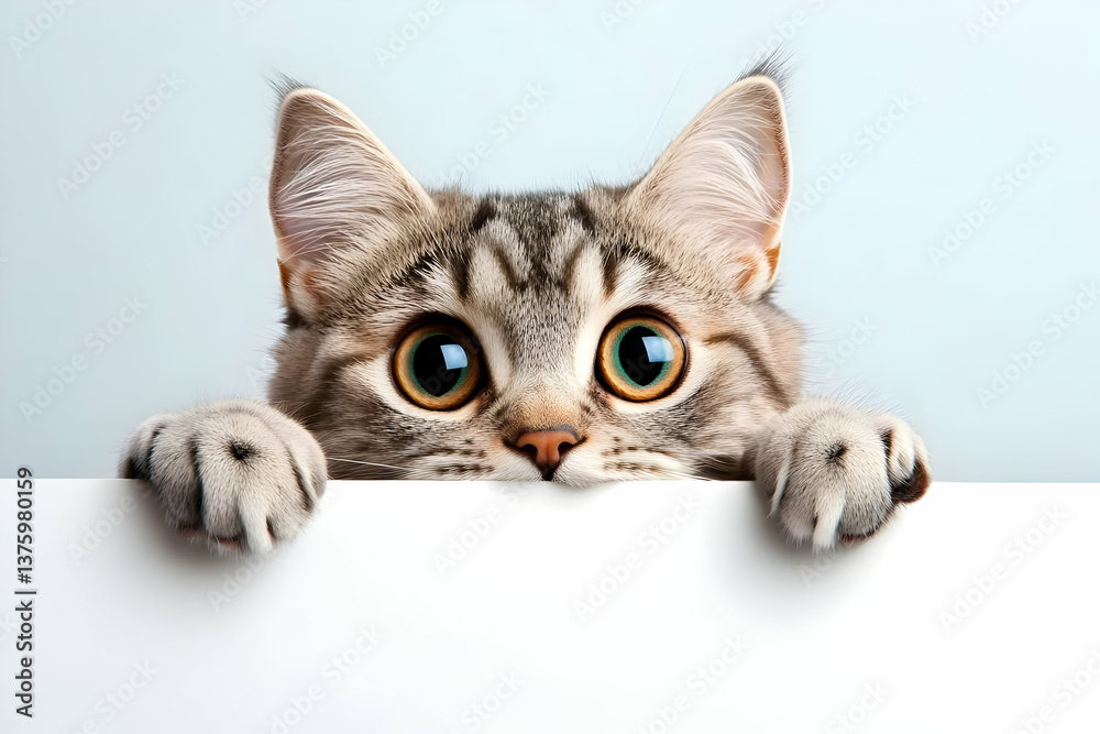 Fototapeta premium A playful cat curiously peeks over a blank surface, showcasing its vibrant eyes and adorable features.