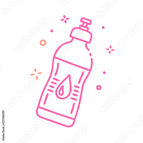 Simple pink line illustration of a water bottle surrounded by decorative sparkles, ideal for sports, hydration, and summer themes.
