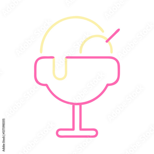 Simple line icon of an ice cream sundae in pink and yellow tones, ideal for summer, dessert, and fun design themes.
