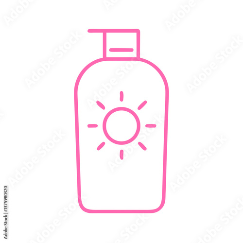 Simple pink line drawing of a sunscreen lotion bottle featuring a sun symbol, ideal for summer, beach, and holiday themes.
