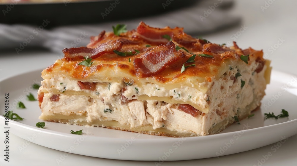 Close-up view of delicious lasagna layered with chicken, bacon, and melted cheese, garnished with herbs for added flavor Close-up view of delicious lasagna layered with chicken, bacon, and melted cheese, garnished with herbs for added flavor